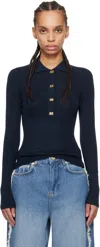 Ganni Navy Mini Ribbed Merino Long Sleeve Polo In 683 Sky Captain