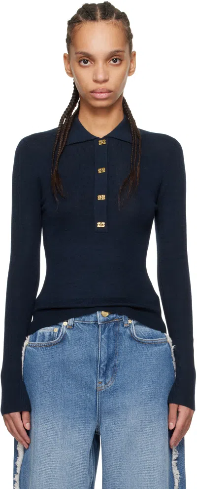 Ganni Navy Mini Ribbed Merino Long Sleeve Polo In 683 Sky Captain