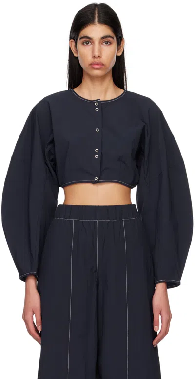 Ganni Navy Shaped Cropped Blouse In 683 Sky Captain
