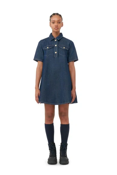 Ganni Navy Short Sleeve Heavy Denim Mini Dress Size 4 Organic Cotton Women's