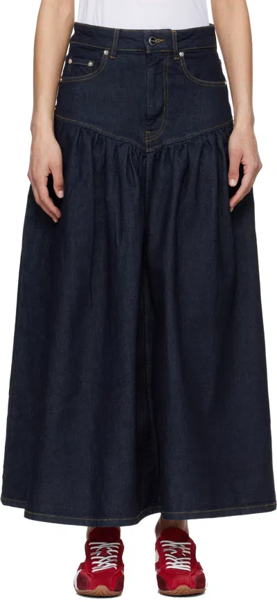 Ganni Navy Stretch Denim Midi Skirt In Black