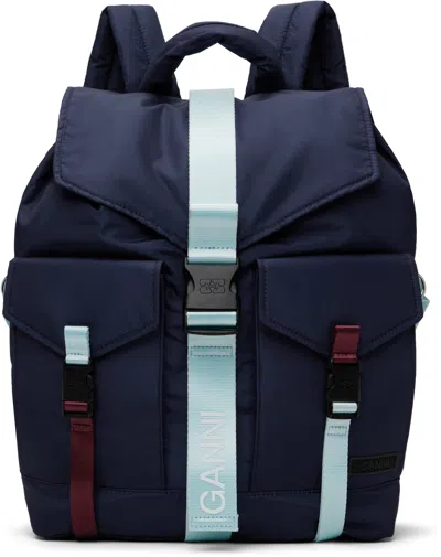 Ganni Navy Tech Backpack In 268 Peacoat