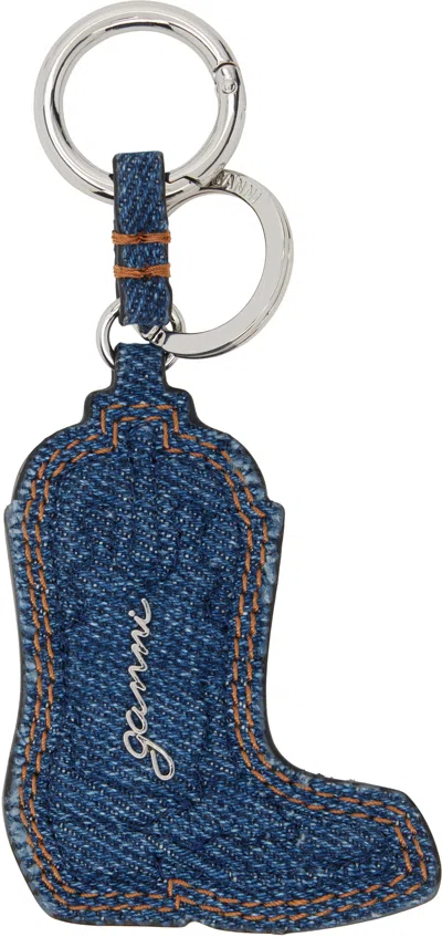 Ganni Navy Western Boot Denim Keychain In Blue