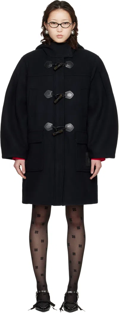 Ganni Navy Wool Duffle Coat In Black