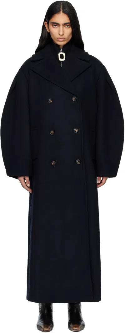 Ganni Navy Wool Oversized Long Peacoat In Blue