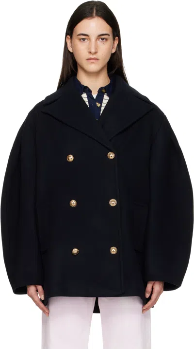 Ganni Navy Wool Oversized Midi Pea Coat In Blue