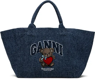 Ganni Navy Xxl Bear Tweed Denim Shopper Tote In Blue