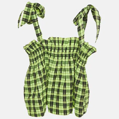 Pre-owned Ganni Neon Green/black Checks Cotton Blend Shirring Top S