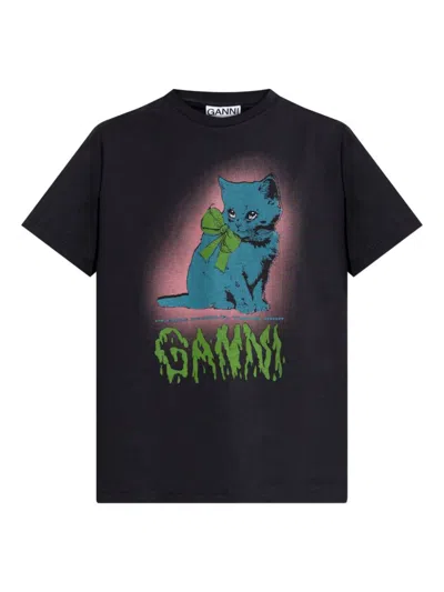 GANNI GANNI NEON KITTY ORGANIC COTTON T-SHIRT