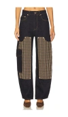 Ganni Checkered Patch Cargo Jeans In Black