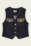 Ganni Neppy Checked Tweed-trimmed Organic Denim Vest