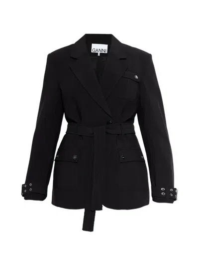Ganni Notched-lapel Belted Jacket In Black