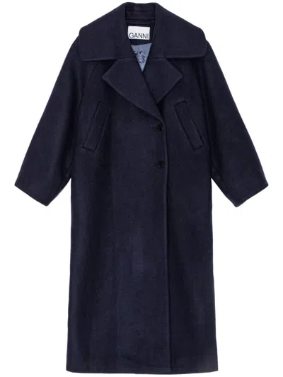 Ganni Notched-lapel Woolb-blend Coat In Blue
