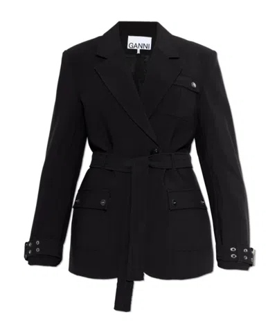 Ganni Notched-lapel Belted Jacket In Black