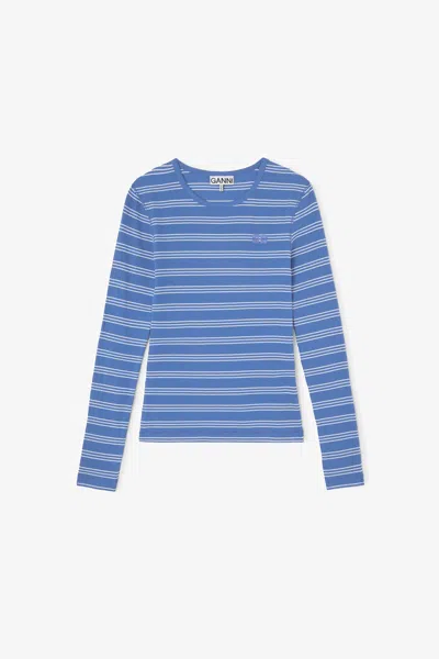 Ganni Nouvean Navy Long-sleeve Top With Stripes - Size Xl Organic Cotton