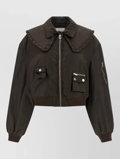 Ganni Nylon Duchesse Bomber Jacket Long Sleeves In Green