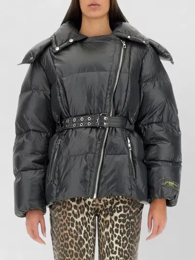 Ganni Nylon Jacket Belted Waist High Collar In Black