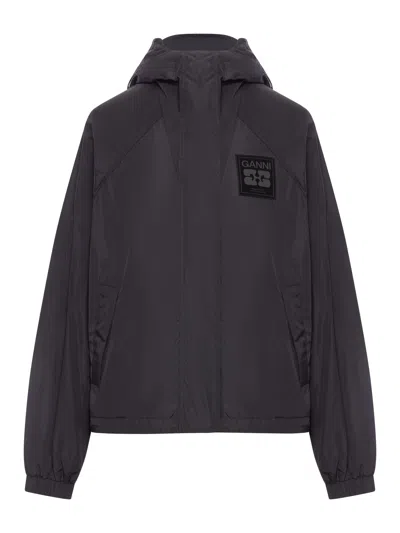 Ganni Nylon Jacket With  Logo Patch In Black