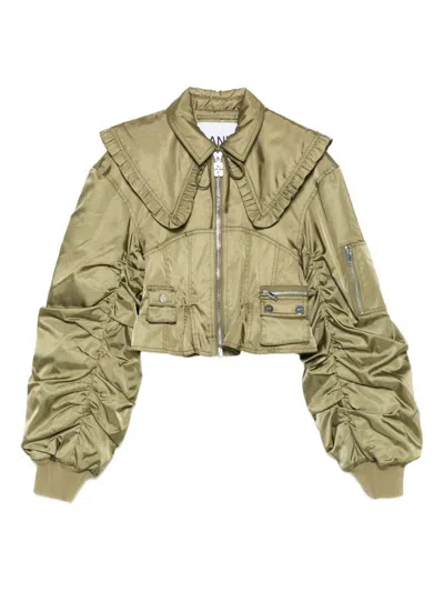 Ganni Nylon Short Bomber Jacket In Green