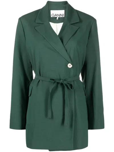 Ganni Off-centre Belted Blazer In Grün