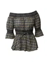 Ganni Off-shoulder Checkered Top In Multicolor Cotton In Multi