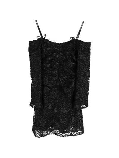 Pre-owned Ganni Off-shoulder Mini Dress In Black