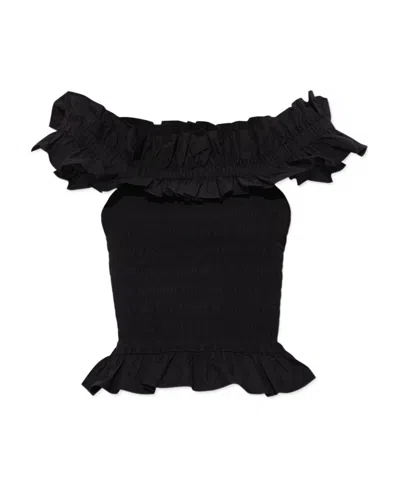 Ganni Off-shoulder Smock Top In Black