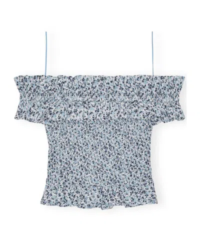 Ganni Off-shoulder Smocked Top In Blue
