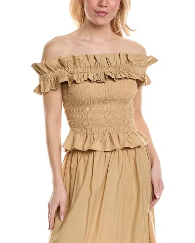 Ganni Cotton Poplin Off-shoulder Smock Top In Brown