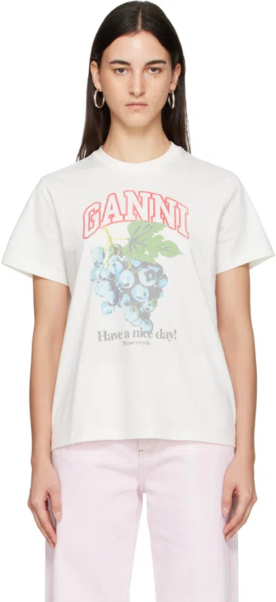 GANNI OFF-WHITE BASIC COTTON JERSEY GRAPES RELAXED T-SHIRT