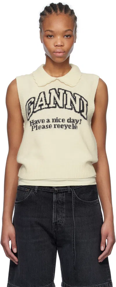 GANNI OFF-WHITE GRAPHIC WOOL MIX COLLAR VEST