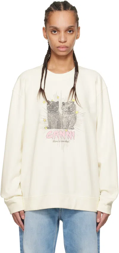 GANNI OFF-WHITE ISOLI KITTENS DROP SHOULDER SWEATSHIRT