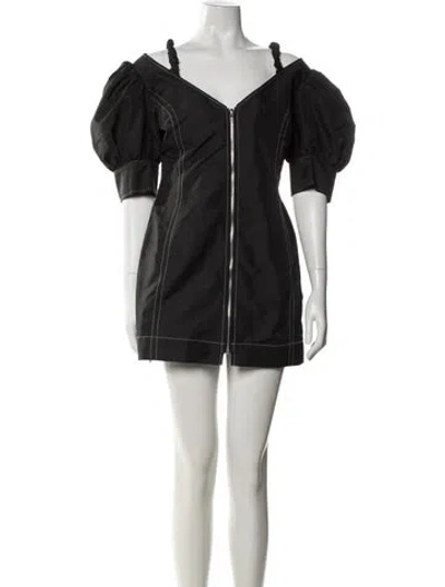 Pre-owned Ganni Off-the-shoulder Mini Dress In Black