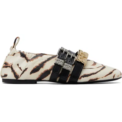 Ganni Sue Triple Tiger-print Ballet Flats In Brown