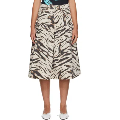 Ganni Off-white & Brown Printed Denim Midi Skirt In 135 Egret