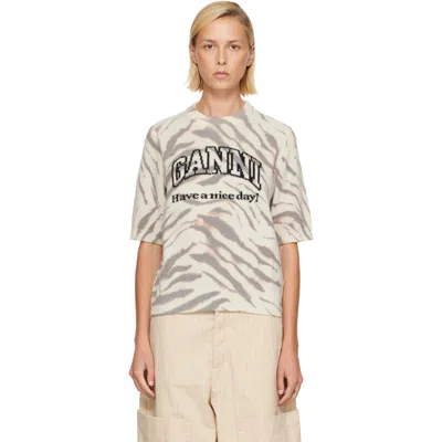 Ganni Off-white Graphic Wool Printed T-shirt In Gray