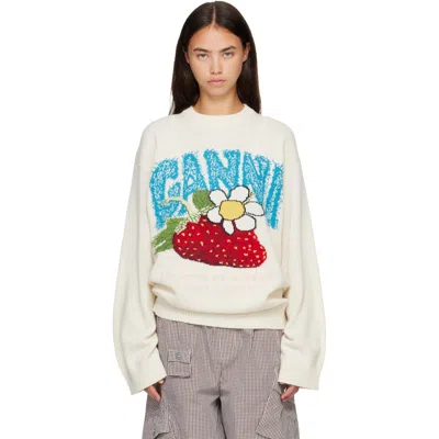 Ganni Off-white Oversized Strawberry Sweater In Neutral