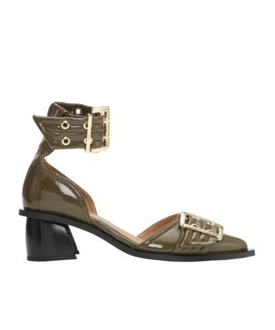 GANNI OLIVE GREEN FEMININE BUCKLE OPEN CUT PUMPS