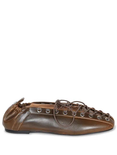 Ganni Olive Green Leather Ballerinas In Brown