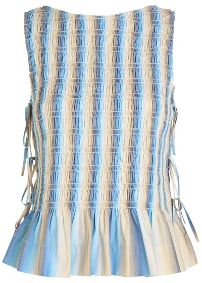 Ganni Ombre Stripe Smocked Cotton-poplin Top In Multi