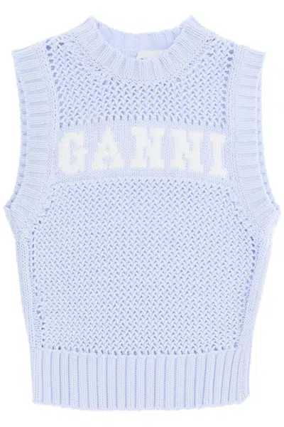 Ganni Open-stitch Knitted Vest With Logo In Celeste
