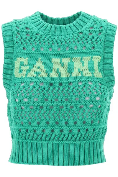 Ganni Open-stitch Knitted Vest With Logo In Green
