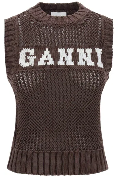 GANNI OPEN-STITCH KNITTED VEST WITH LOGO