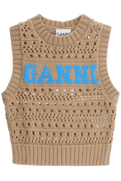 Ganni Open-stitch Knitted Vest With Logo In Tigers Eye
