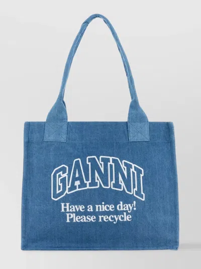 Ganni Open Top Denim Tote Bag In Blue