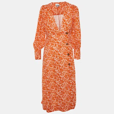 Pre-owned Ganni Orange Floral Print Chiffon Midi Wrap Dress L