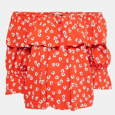 Pre-owned Ganni Orange Floral Printed Crepe Ruffled Top S