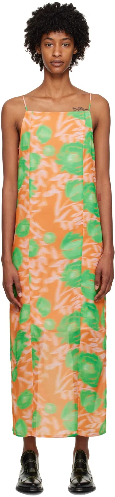 Ganni Printed Light Crepe Slip Dress In Vibrant Orange