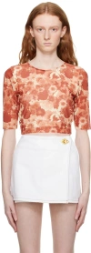 Ganni Cropped Oberteil Aus Stretch-mesh Mit Floralem Print In 485 Marsala