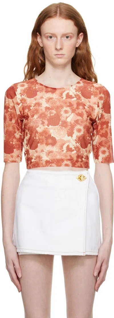 Ganni Cropped Oberteil Aus Stretch-mesh Mit Floralem Print In Pfirsichfarben